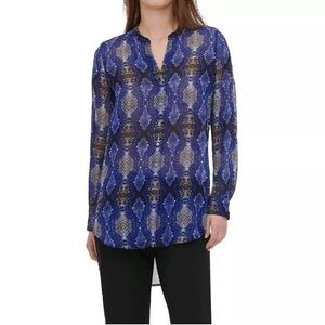 Calvin Klein Women's Snake Print High-Low Hem Button Down Blouse Blue Size S NWT